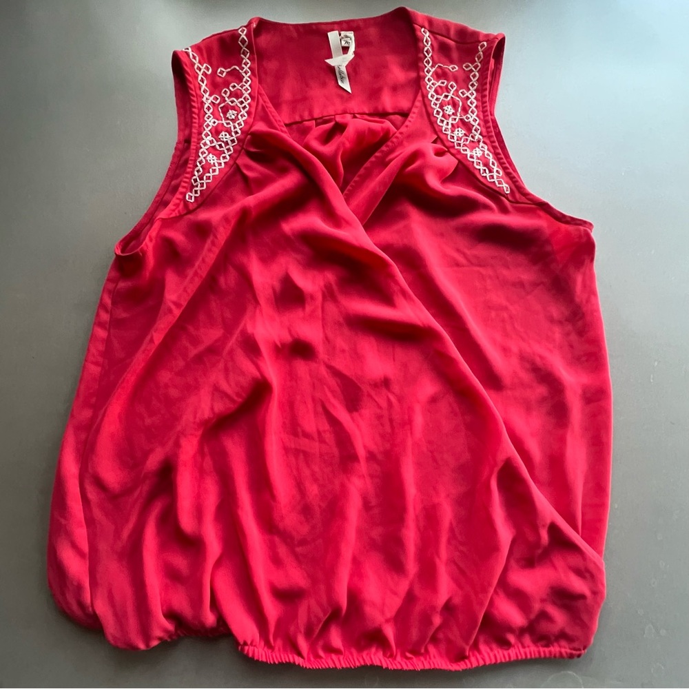 Bellatrix Coral Red Sleeveless Fauz-Wrap Top with Embroidered Detailing